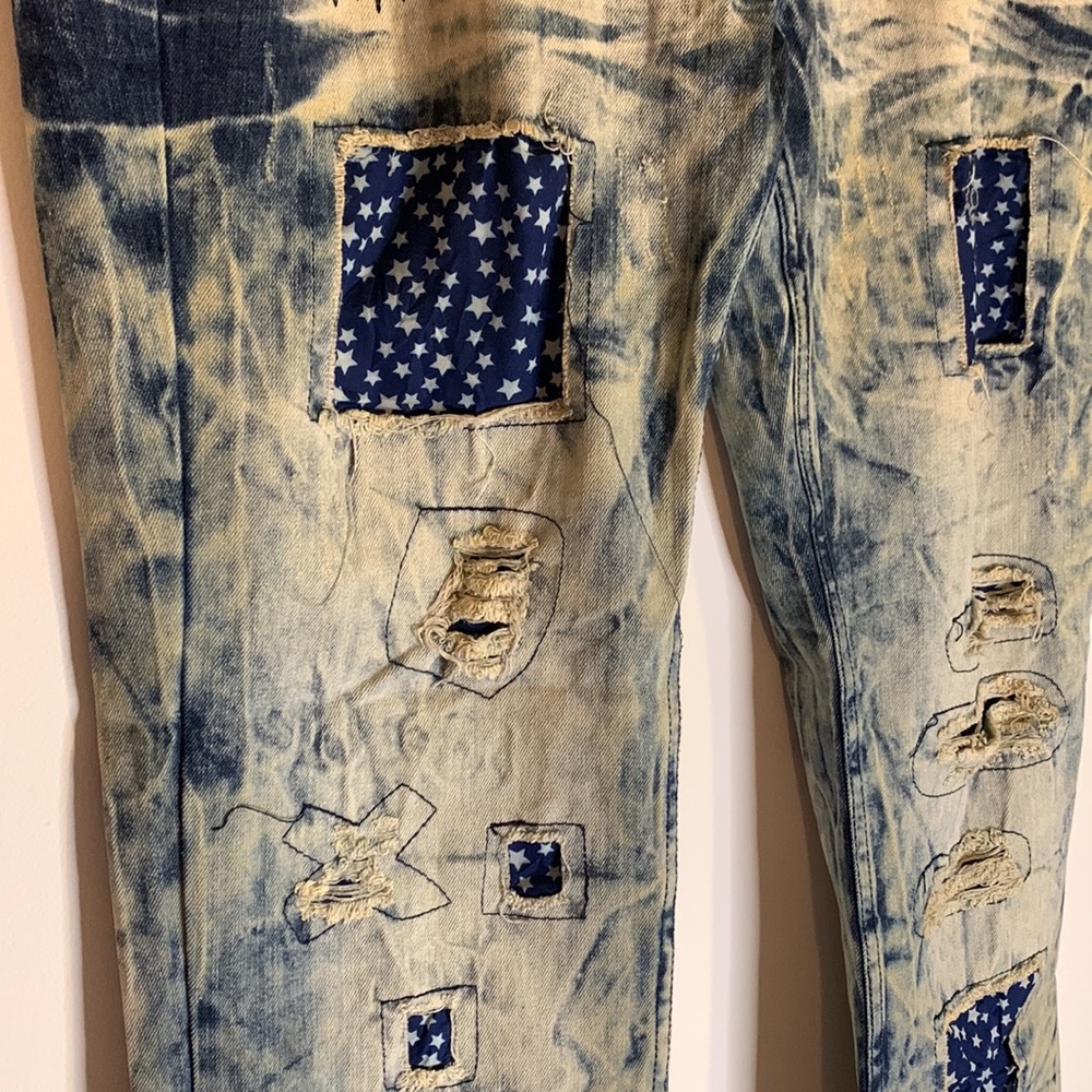 Men's Blue Acid Wash Vintage Size 38 Relaxed Baggy Fit Jeans Patches Patchwork